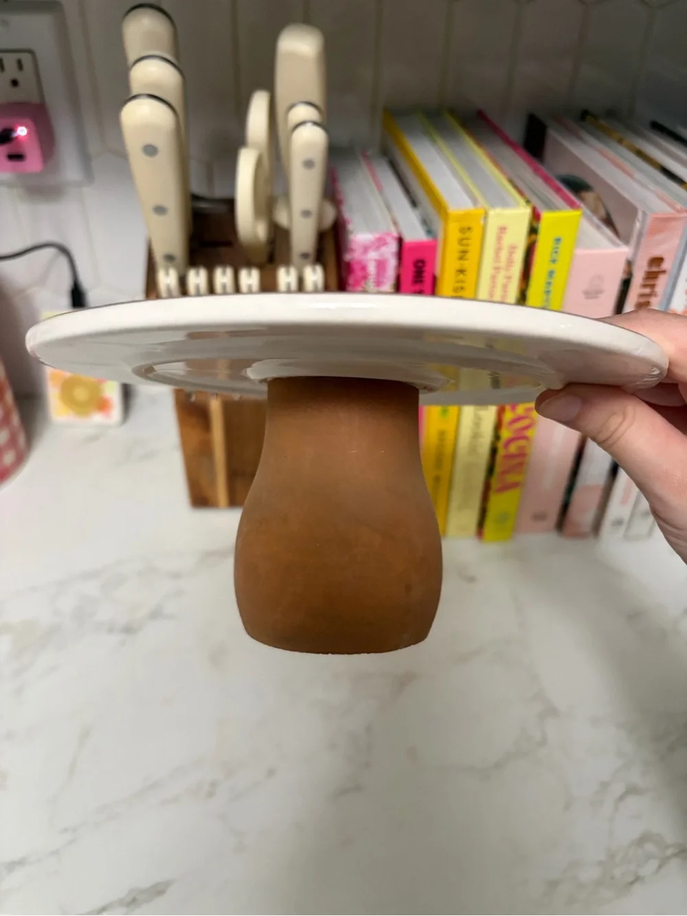 Ceramic Cake Stand with Cream Top and Brown Pedestal
